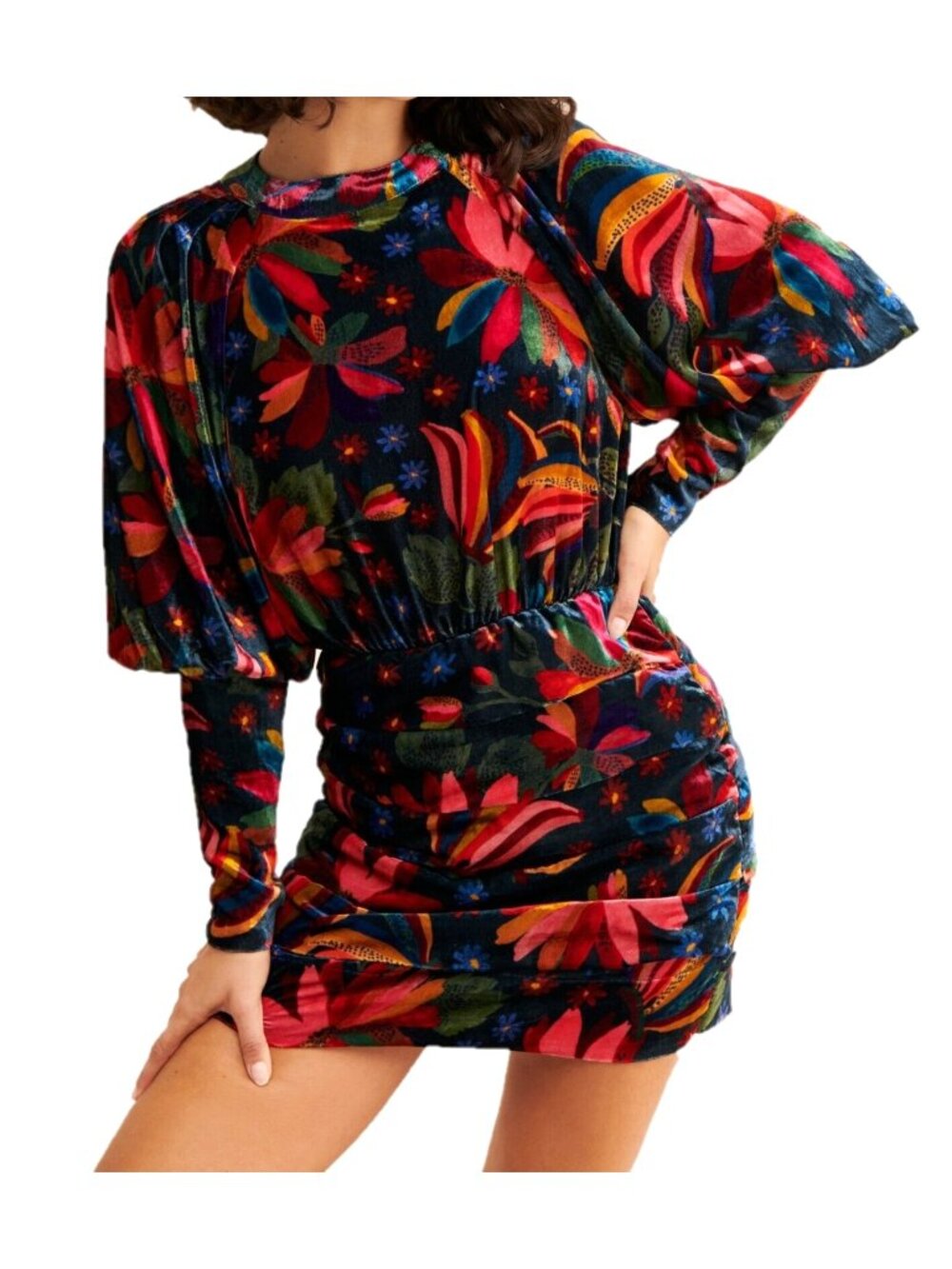 Farm Rio Banana Sky Women's Tiered Velvet Mini Dress in Black Floral Size M